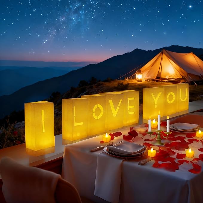 I Love You Decorations – Surprise Set with Light Up Letters, 30 Tea Light Candles, 2000 Rose Petals, 10 Balloons – Luminary Bags for Couples & Romantic Moments