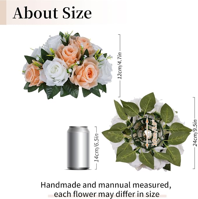 BLOSMON Rose Flower Balls Centerpieces: 6pcs Peach Fuzz Artificial Flowers | 9.5 Inch Fake Rose Floral Arrangements for Wedding Table - Faux Silk Kissing Bouquet with Base Party DIY Decorations