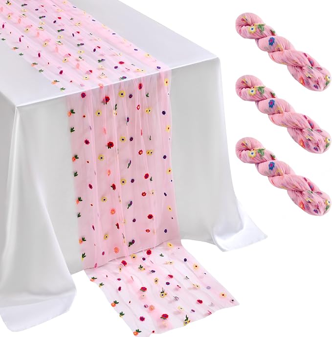 QueenDream 3 Pcs Pink Flower Table Runners 10FT Gauze Sheer Tulle Floral Table Linens for Spring Summer Home Tea Party Decorations