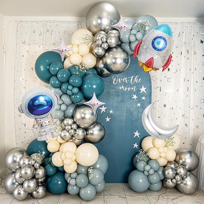 ECEAE 142Pcs Space Balloon Arch Garland Kit - Dusty Blue Nude Metallic Silver Color with Rocket Astronaut Moon Star Balloons for First Trip Around the Sun, Baby Boy Birthday Party Decorations