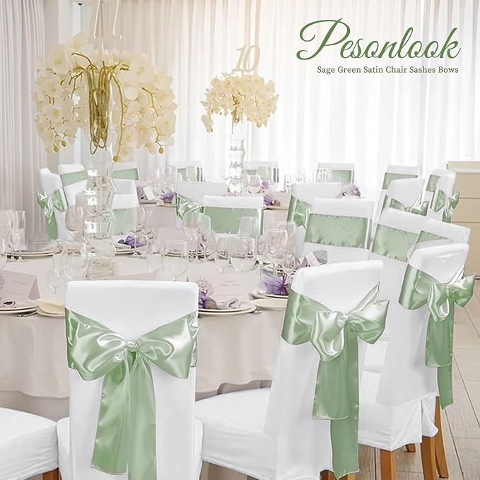 Pesonlook 120 PCS Sage Green Satin Chair Sashes Bows Satin Chair Sashes Universal Chair Cover for Wedding Reception Restaurant Event Decoration Banquet,Party,Hotel Event Decorations (7 x 108 inch)
