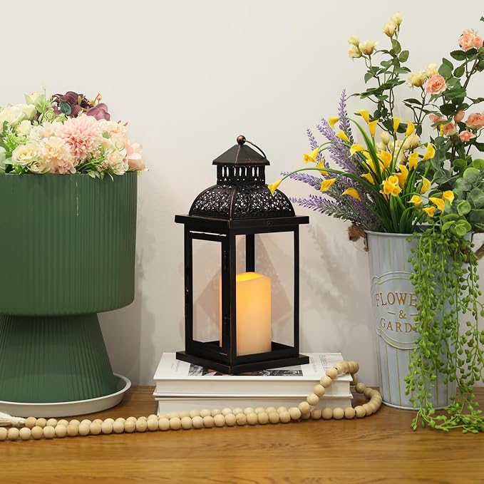 No Glass Lanterns Decorative Indoor & Outdoor, 15'' Candle Lantern Decorative Christmas Indoor Outdoor Decor, Vintage Metal Hanging Lanterns with LED Candle for Patio, Front Porch,Yard, Table