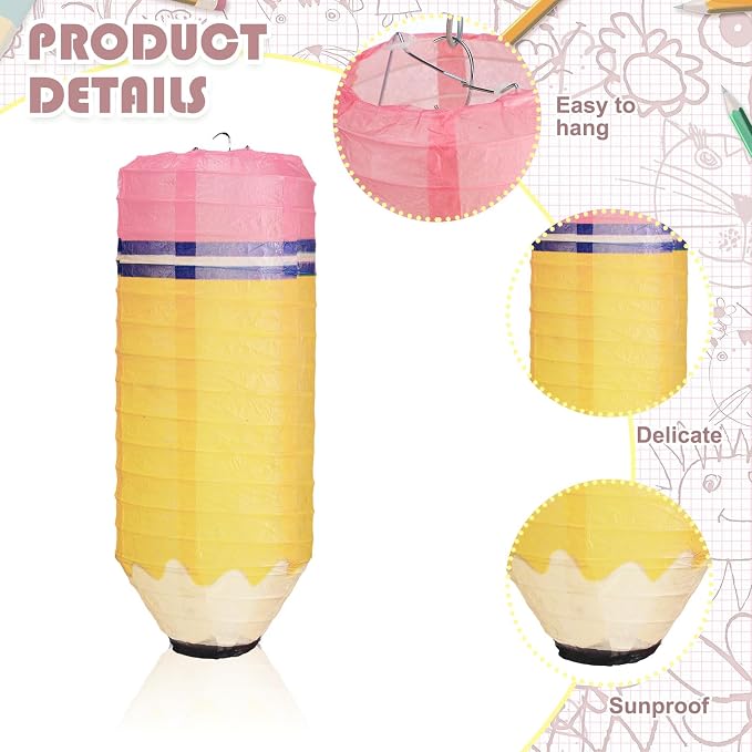 Retisee 12 Pcs Back to School Classroom Decoration Pencil Hanging Paper Lanterns Kindergarten Preschool Art Classroom Ceiling Decor, First Day of School Birthday Supplies