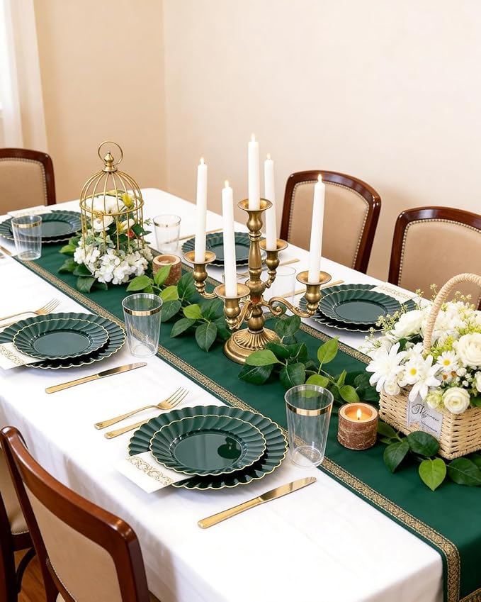 YOUBET 175PCS Green Scalloped Plastic Plates - Green and Gold Disposable Dinnerware Set Include 50 Plates, 75 Gold Silverware, 25 Cups, 25 Napkins for Party & Wedding