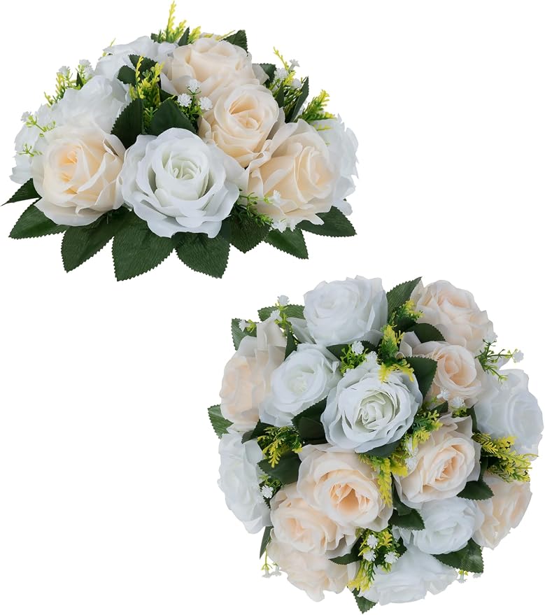 Flower Balls Table Rose Centerpieces: 2 Pcs Fake Flowers Champagne White | Artificial Silk Rose Floral Arrangements for Wedding - Kissing Flower Bouquet with Base for Home Party DIY Decorationss