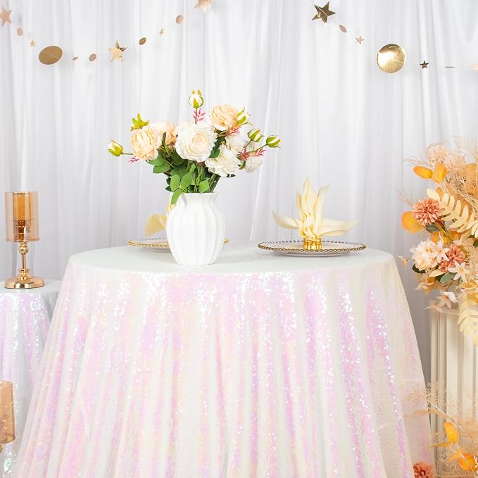 ShiDianYi White Iridescent Tablecloth Round 72 Inch Sequin Tablecloth Birthday Decorations Glitter Round Tablecloth White Table Cloth Overlay for Cake Table Wedding Tablecloth