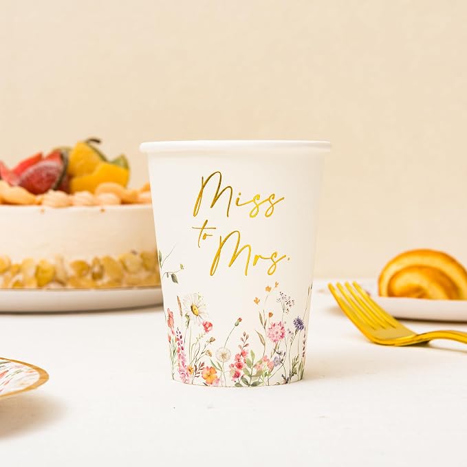 Crisky Bridal Shower Plates and Napkins Gold Miss to Mrs Floral Disposable Paper Tableware Set of 24 for Wedding Bridal Shower Decorations (9" & 7" Plates, Napkin, Cups, Tablecloth, Knife & Fork)