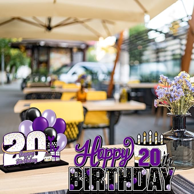 LINGTEER Happy 20th Birthday Purple Acrylic Table Topper Centerpieces Set - Cheers to Twenty Years Old Birthday 20th Bday Party Gift Decorations.