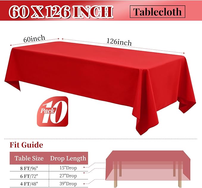 fani 10 Pack 60 x 126 Inch Tablecloth, Red Polyester Tablecloth for 8 Ft Rectangle Tables, Stain and Wrinkle Resistant Washable Fabric Table Cover for Wedding Party Dining Buffet Parties or Camping