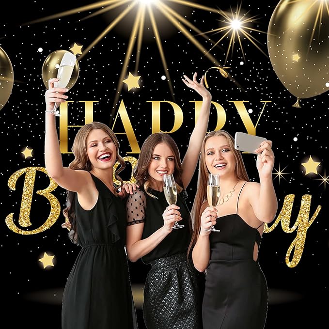 Black & Gold Happy Birthday Decoration Backdrop 7x5ft Large Gold Glitter Balloons Sign Party Background for Adult Kids Photo Booth Decor Large Wall Decor Props Party Supplies for Women