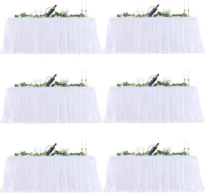 White Table Cloths 8 Foot Rectangle Stretch Ruffle Tulle Tablecloth Spandex Fitted Table Cover for 8 Foot Tables White Tulle Table Skirts Rectangle Tables 8ft Elastic Party Wedding Table Cloths 6Pack