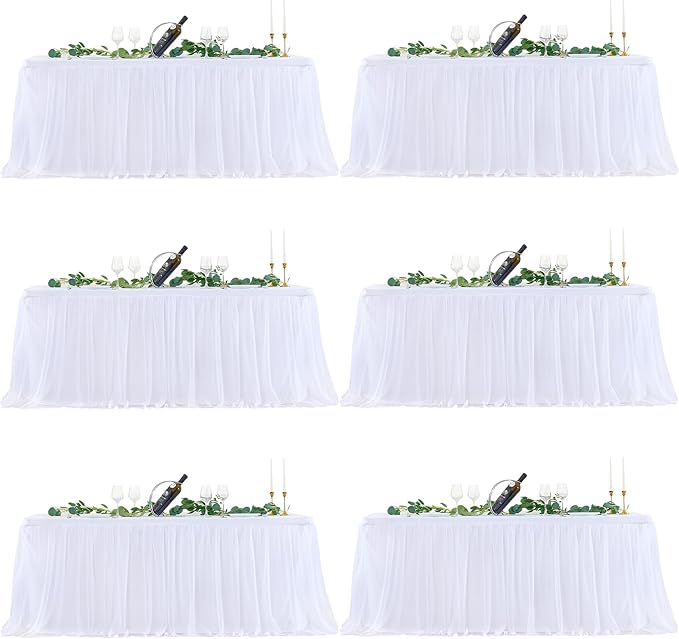 White Tulle Tablecloth 6 Foot Rectangle, Table Covers for 6 Foot White Tulle Tables Skirt Rectangle 6ft Wedding Table Cloths Party Baby Shower Banquet Fitted Elastic