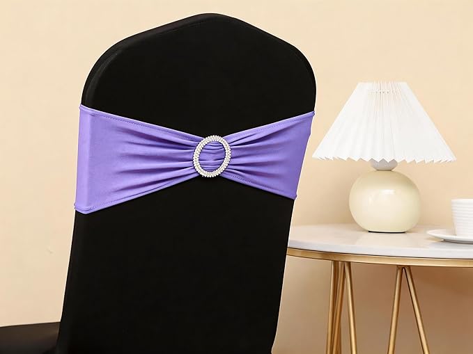 100 PCS Spandex Lavender Chair Sashes for Wedding Stretch Light Purple Chair Bows Bands with Buckle for Party Banquet Birthday Engagement Outdoor Events Decorations