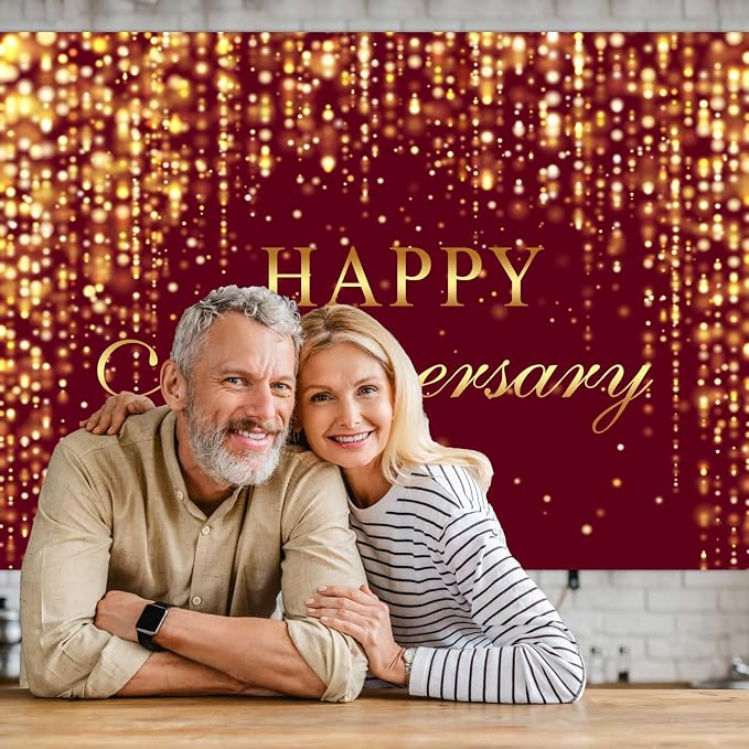 Sensfun Happy Anniversary Backdrop Burgundy Gold Glitter Marriage Wedding Party Decorations Banner Shining Flowing Curtain Happily Ever After Anniversary Sign Photography Background 10x6.5ft