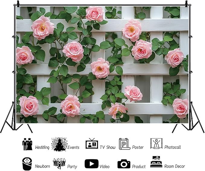 Baocicco 5x3ft Flowers Fence Backdrop Photography Pink Rose Green Leaves White Spring Floral Farmhouse Background for Bridal Shower Wedding Birthday Party Backdrops Decoration Photo Props Photoshoot