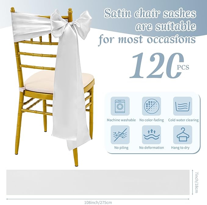 120 PCS Silver Satin Chair Sashes, Ties Bows Designed Sashes for Washable Reusable Chair Covers Supplies for Wedding Reception Events Banquets Party Hotel Event Aisle Decorations (7 x 108 inch)