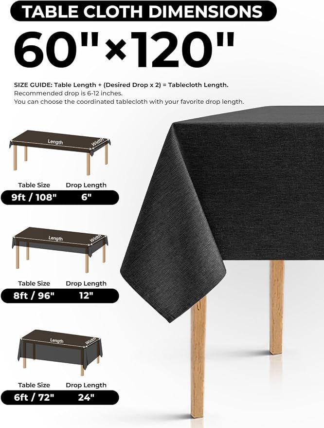 Decorelia Washable Black Table Cloths for Rectangle 8 Ft Table-2 Pack, Waterproof Polyester Rustic Fabric Faux Linen Reusable Table Cloth Cover for Wedding,Outdoor,Events, Party,Dining, 60x120 Inch