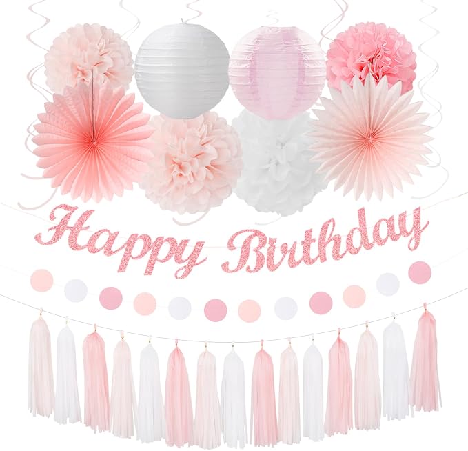Light-Pink White Happy-Birthday Banner Party-Decorations - 31pcs 21st 30th Women Girls Paper Lanterns Streamers,Tissue Paper Flowers Pom Poms Fans Tassel Garland Decor Backdrop Supplies Hugmoon