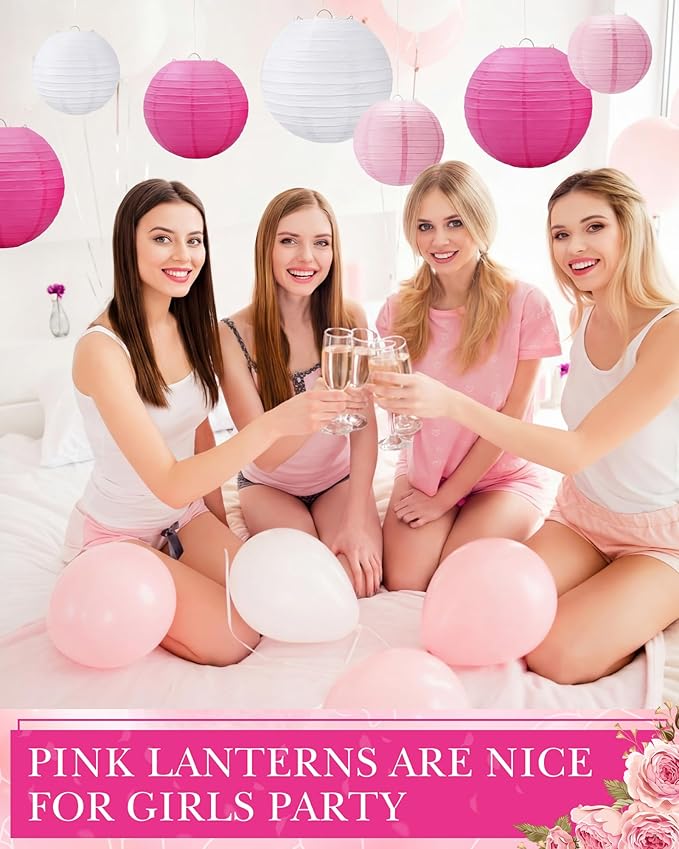 Treela 48 Pcs Paper Lanterns Party Decorations Chinese Round Paper Decor 4/6/8/10 Inch Asian Hanging Lamps Decorative for Birthday Party Wedding Bridal New Year Supplies(Pink,White)