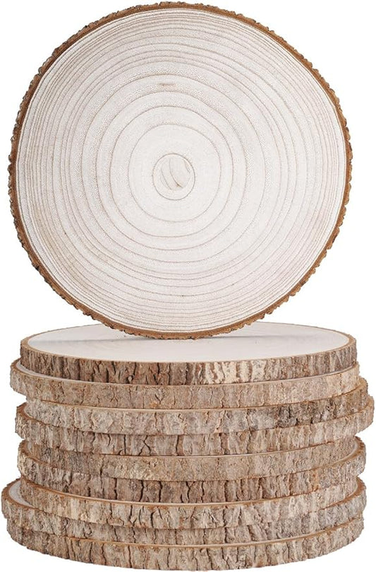 wohohoho 10 Pcs 9-10 Inch Large Natural Wood Slices for Centerpieces, Unfinished Wood Circles with Bark for DIY Craft, Wooden Rounds for Tables Cake Stand Tray Painting Wedding Christmas Decorations
