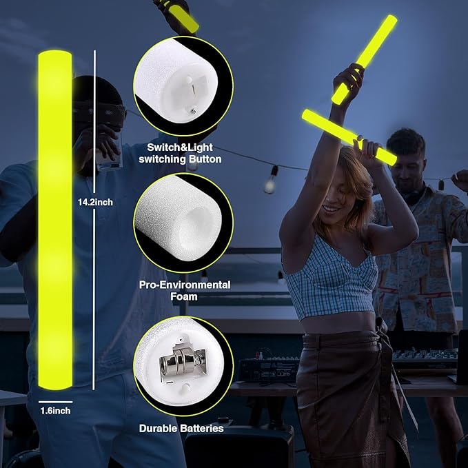 60Pack LED Glow Foam Sticks Bulk,Light Up Glow Sticks with 3 Flashing Modes,Yellow Glow Wands Party Pack,Glow In The Dark Party Supplies for Valentines Day,July 4th, Wedding,Birthday,Concert