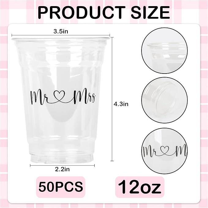 AimFun 50Pcs Mr and Mrs Plastic Cups Wedding Bridal Shower Disposable Party Cups Wedding Reception 12oz Clear Drinking Cup for Anniversary Birthday Party Supplies Decorations (50, Black)
