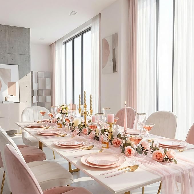 DaYammi 150Pcs Pink Plastic Plates with Gold Rimmed,Heavy Duty Plastic Plates - Pink Disposable Plate Included 30 Dinner plate,30 Dessert plate,30 Knives,30 Forks,30 Spoons for Mother's Day Party