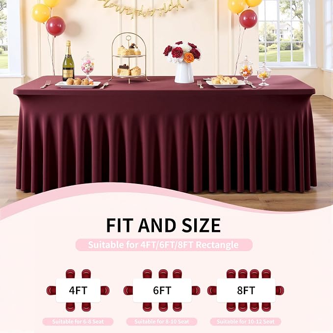 Outpain 6ft Spandex Table Cloth for Standard Folding Tables-4Pack Burgundy Table Cloth Table Protector for Party, Wedding, Cocktail, Banquet, Festival