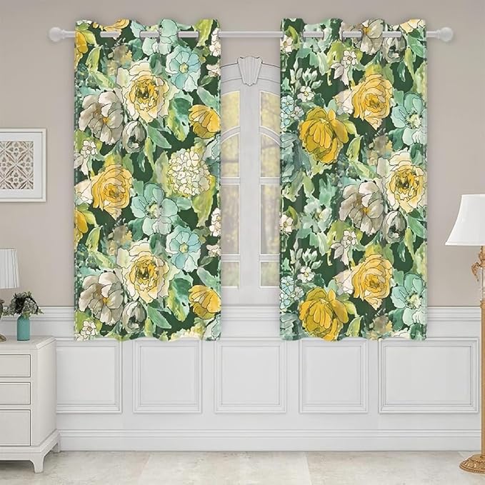 Spring Floral Blackout Window Curtains Vintage Oil Painting Yellow Flowers Room Darkening Light Blocking Window Drapes for Bedroom Living Room Kitchen Decor Grommets Top,26x63 inch,2 Panels