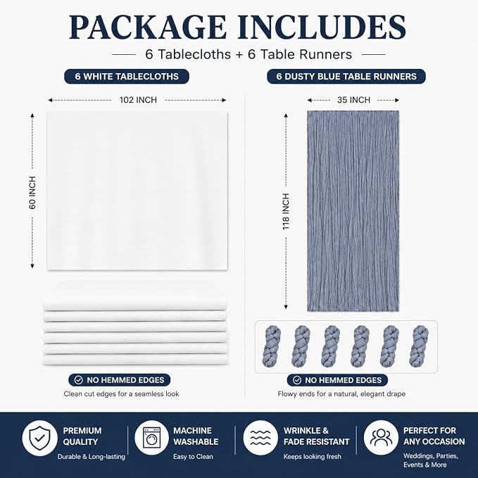 Cinrobiye 12 Pack Boho Wedding Table Decor Set, 6 White Tablecloths and 6 Cheesecloth Table Runners, Gauze Table Runner and Tablecloth Kit for Wedding Baby Shower Bridal Shower Party Reception(Blue)