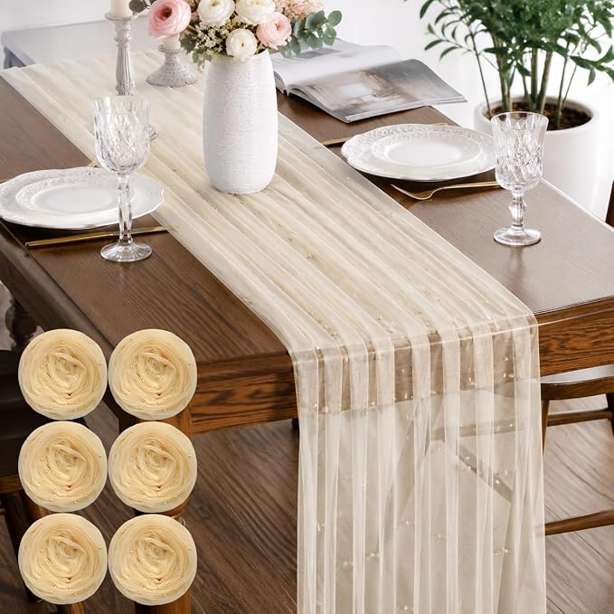 Pearl Champagne Gauze Pearl Table Runner 120 Inch 10FT, Seasonal Sheer Dining Holiday Wedding Birthday Baby Shower Tulle Summer Table Decor for Home Party
