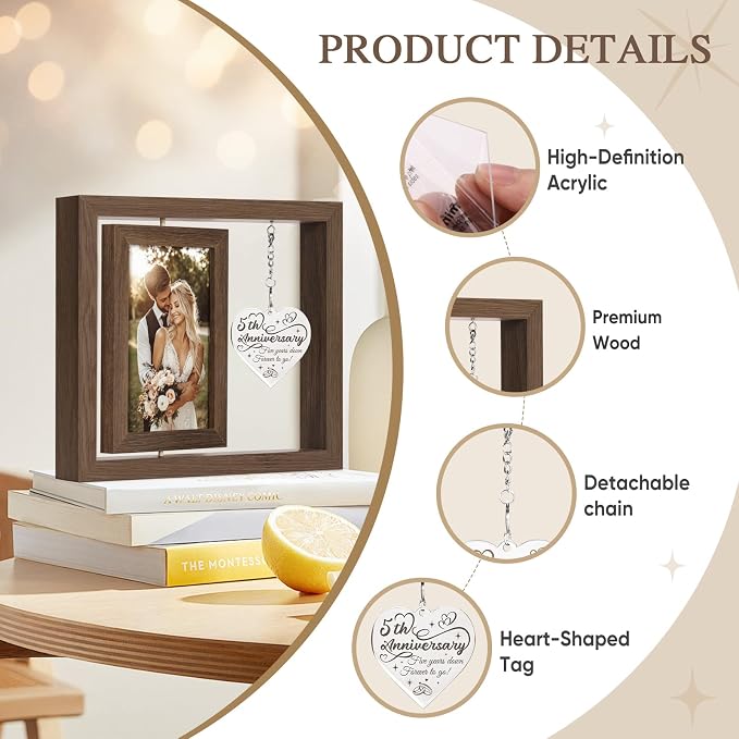 5 Year Anniversary Picture Frame Gifts for Him Her Couple Men Women Husband Wife, 5th Anniversary Marriage Gifts, Best 5 Year Anniversary Wood Gift, Five Year Fifth Anniversary Wedding Gift