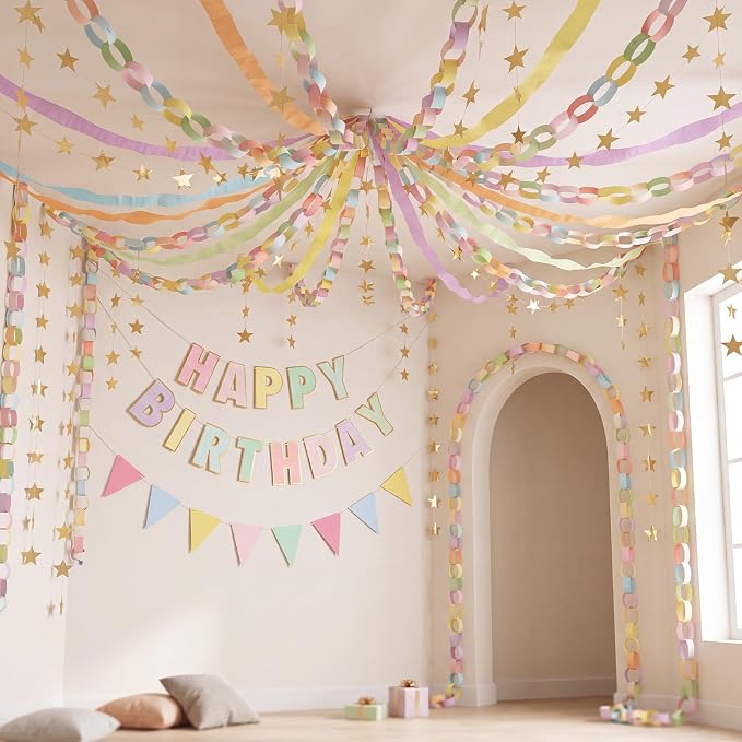 Mifoci 313 Pcs Happy Birthday Decorations Kit 300 Sheets Paper Chains Strips Birthday Felt Banner 492 ft Crepe Paper Streamers 52.4ft Star Garlands for Party Supplies DIY Crafts (Macaron Colors)