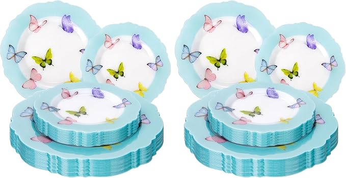 WDF 20PCS Blue Butterfly Plates - Baroque Spring Plates Disposable - Light Blue Butterfly Party Decorations for Birthdays/Tea Party/Bridal Shower (Pack of 2)