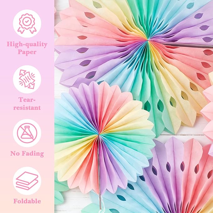 SUNBEAUTY Paper Fan, 11 Pcs Pastel Flowers for Wall, Rainbow Color-Blocking Hanging Decorations, Macarons Paper Fans Backdrop for Tea Party Weddding Spring Birthday Classroom Baby Shower Celebration