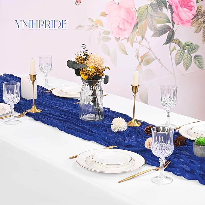 8 Pack Royal Blue Cheesecloth Table Runner 120 Inch 10FT Boho Rustic Sheer Gauze Cheese Cloth Table Runner for Wedding Baby Shower Birthday Party Table Decor