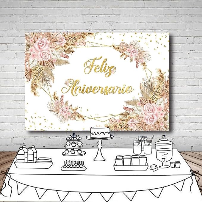 MEHOFOND 10x7ft Boho Feliz Aniversario Backdrop Mr and Mrs Engagement Banner Bohemia Happy Anniversary Wedding Valentines Decorations Blush Pink Floral Photography Background Studio Props