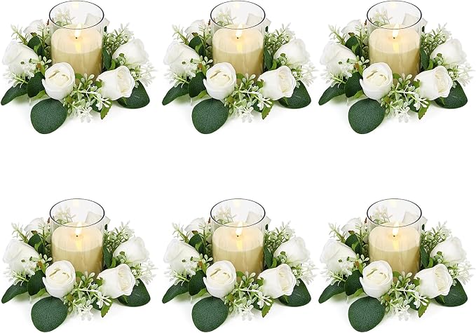 White Rose Candle Rings with Flameless Candles Sets - 12PCS Artificial Flower Eucalyptus Wedding Centerpiece 3 Inch Pillar Candleholders Wreaths for Wedding Party Decor (White - 6 Sets)