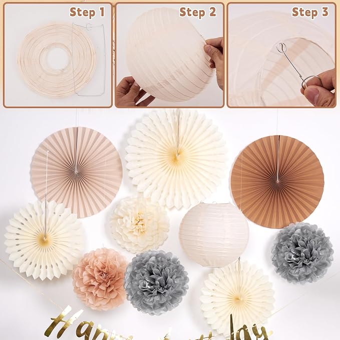 EASY JOY Champagne Beige Paper Flowers Tissue Pom Poms Boho Birthday Decorations Paper Lanterns Party Decorations Happy Birthday Banner White Paper Fans for Boho Fall Rustic Neutral Baby Shower