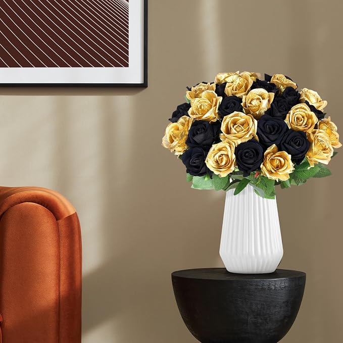 90PCS Black Gold Rose Artificial Flowers, Faux Silk Roses, Realistic Roses Bouquet for Anniversary, Baby Shower, Birthday, Graduation, Table Centerpieces, New Year's, Valentine's Day Decorations