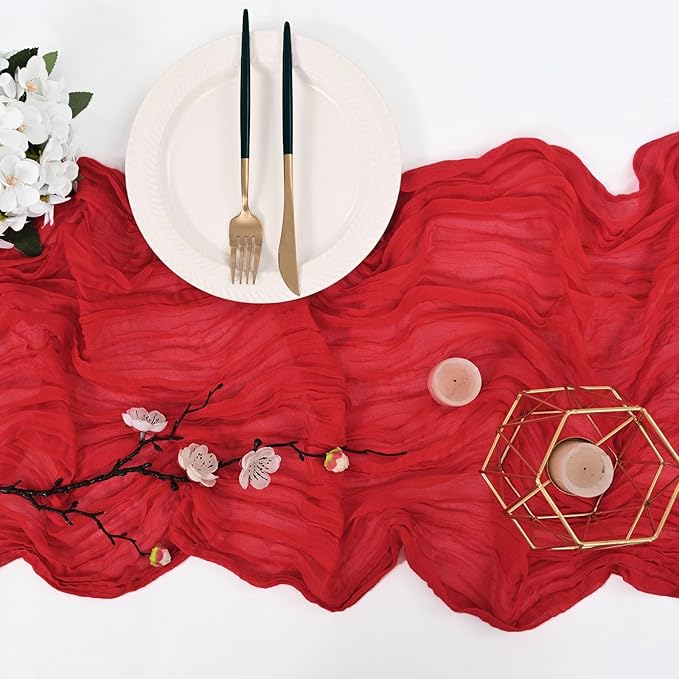 12 Pack 10Ft Red Cheesecloth Table Runner 35 x 120 inch Boho Gauze Cheese Cloth Table Runner Vintage Rustic Sheer Runners for Wedding Bridal Shower Birthday Party Cake Table Decorations