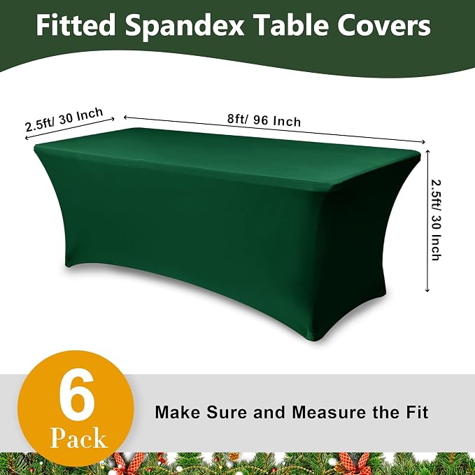 Spandex Table Cloths for 8 Foot Rectangle Tables-6 Pack Hunter Green Fitted Stretch Table Covers-Elastic Christmas Tablecloths for Party, Vendor Booth, Banquet Buffet Event, Craft Trade Show