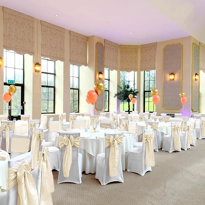Pesonlook 60 PCS Ivory Satin Chair Sashes Bows Satin Chair Sashes Universal Chair Cover for Wedding Reception Restaurant Event Decoration Banquet,Party,Hotel Event Decorations (7 x 108 inch)