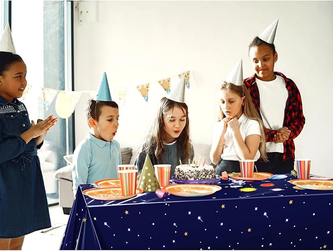 Oudain 3 Pcs Space Tablecloth Decorations Plastic Galaxy Table Cloth Space Theme Birthday Party Supplies for Boy Spaceship Planet Astronaut Rockets Disposable Table Covers, 54 x 108 Inch (Vivid Style)