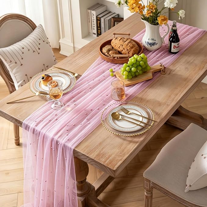 BINBE 6pcs Pearl Table Runner Spring Summer Rustic Boho 10ft Tulle Table Runner for Baby Shower Wedding Veil Holiday Dessert Table Decor Pink