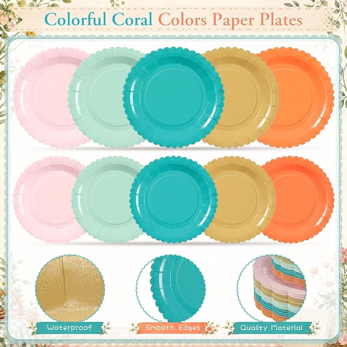 Zhehao 175 Pcs Colorful Coral Party Supplies Rainbow Disposable Tableware with Plates, Cups, Napkins, Cutlery in Coral Tones for Summer Tropical Baby Shower, Birthday, Wedding Party