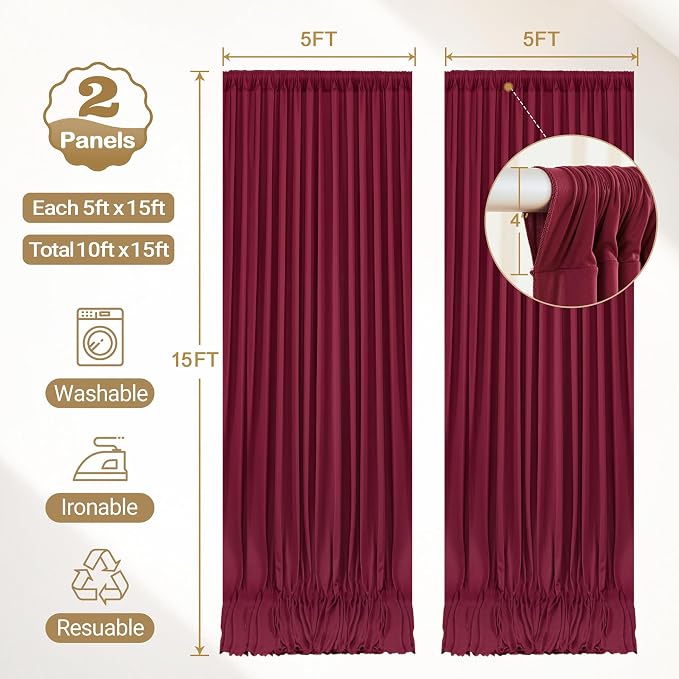10ft x 15ft Burgundy Backdrop Curtain Panels for Weddings - Wrinkle-Free Polyester Photo Drapes for Birthday Party, Photography Background, Stage Decor