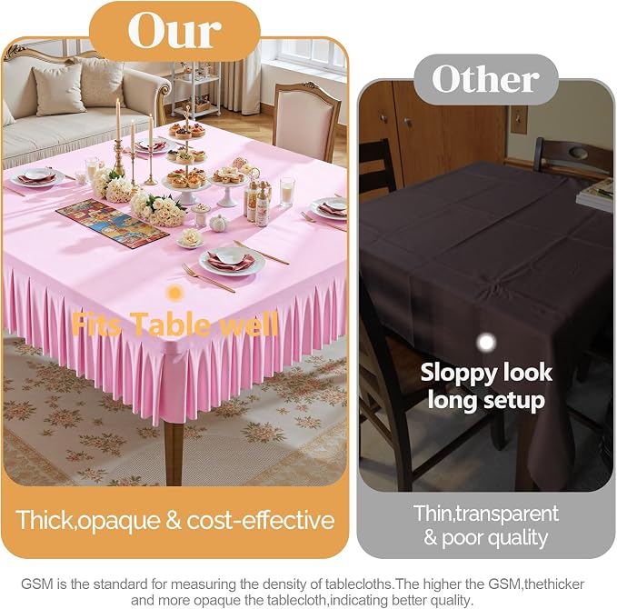 Wish Care Pink Spandex Tablecloths for 60x60 Inch Square Tables, Stretch Fitted Table Clothes with Pleated Ruffle Skirt for 60” Table, Wrinkle Free and Elastic, for Party Kitchen Home Dining