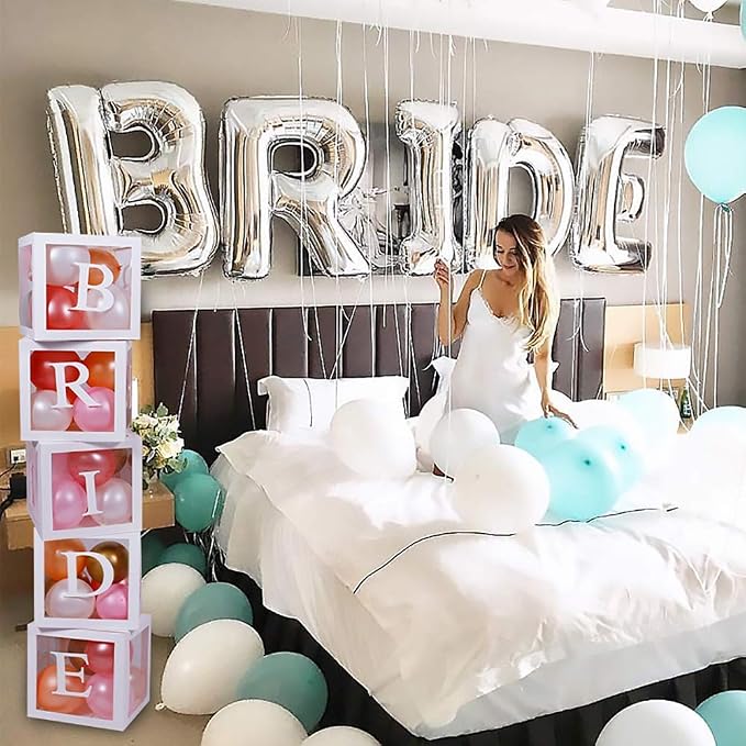 96 PC Bridal Shower Decorations Balloon Boxes White- Transparent Block with BRIDE TO BE + GROOM + A - Z Letters and 40 Balloons- Engagement Bachelorette Parties Weddings Centerpieces Photo Booth Props