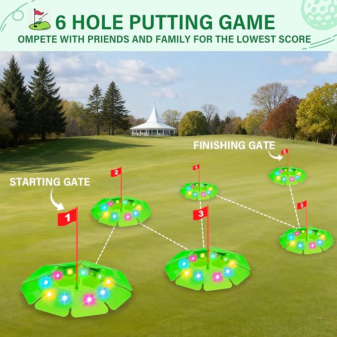 TERRAMUS Light Up Golf Play Set - Upgraded Kids Toy Golf Putting Game Set with 6 LED Targets, 2 Clubs, 6 Balls (2 Glow), Night Golf Toys Gifts for Kids Golfers Family Indoor Outdoor Beach Lawn Park